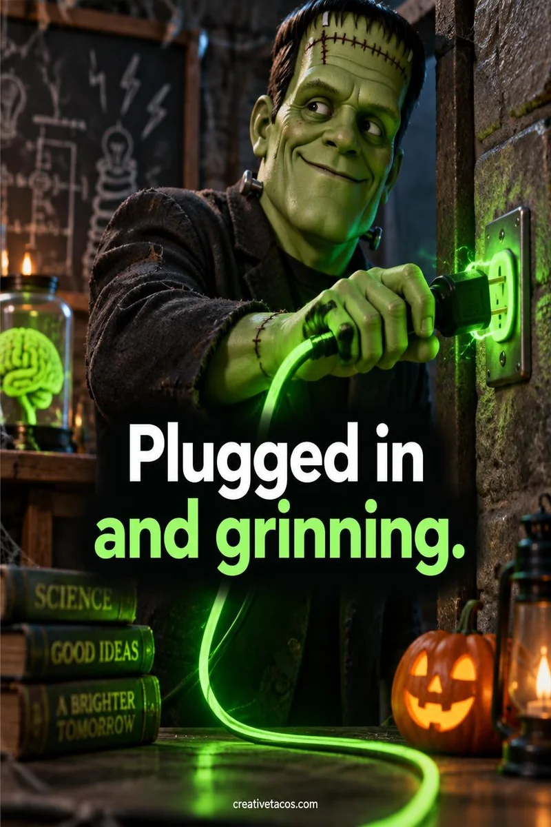 Quote card: Plugged in and grinning.