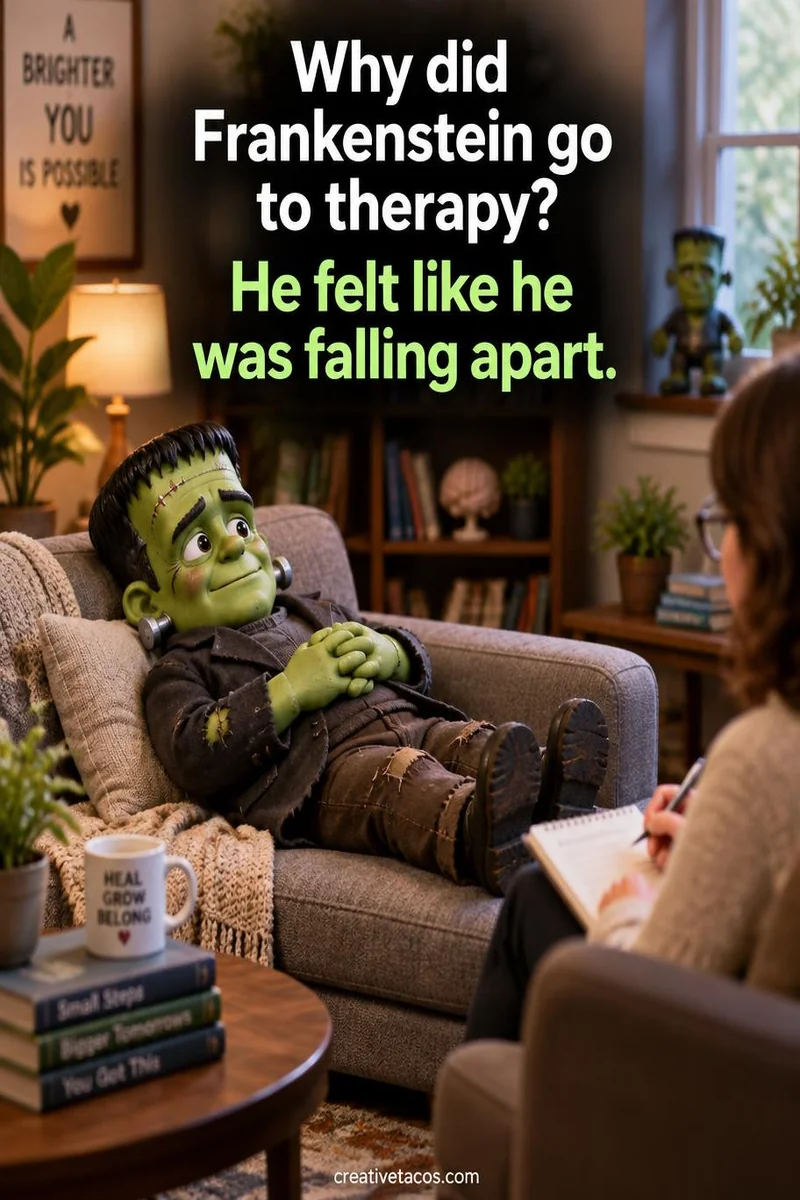 Quote card: Why did Frankenstein go to therapy? He felt like he was falling apart.