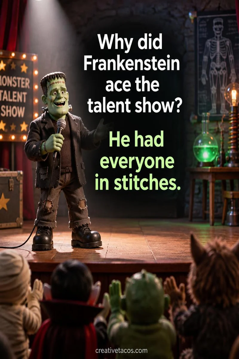 Quote card: Why did Frankenstein ace the talent show? He had everyone in stitches.