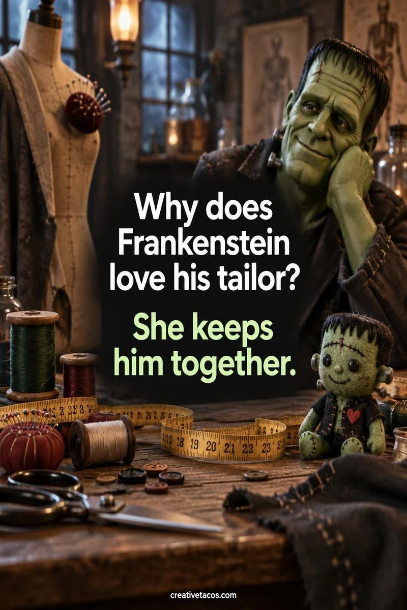 Quote card: Why does Frankenstein love his tailor? She keeps him together.