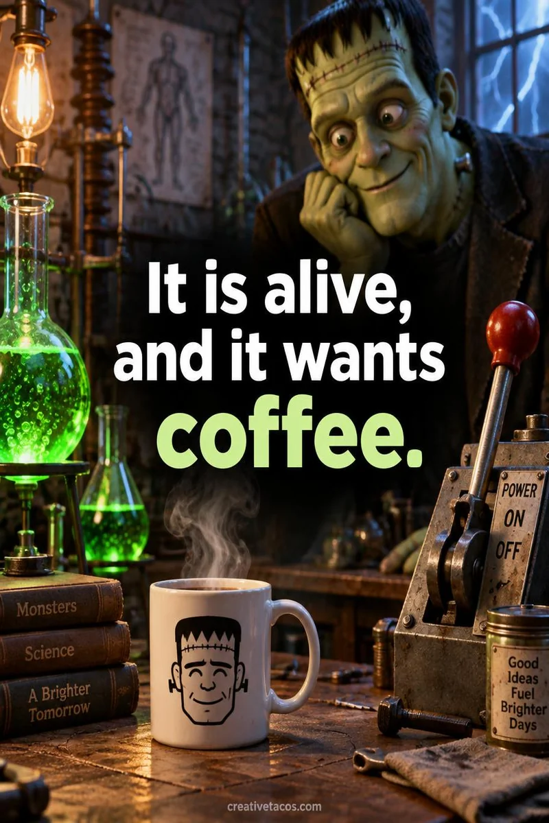 Quote card: It is alive, and it wants coffee.