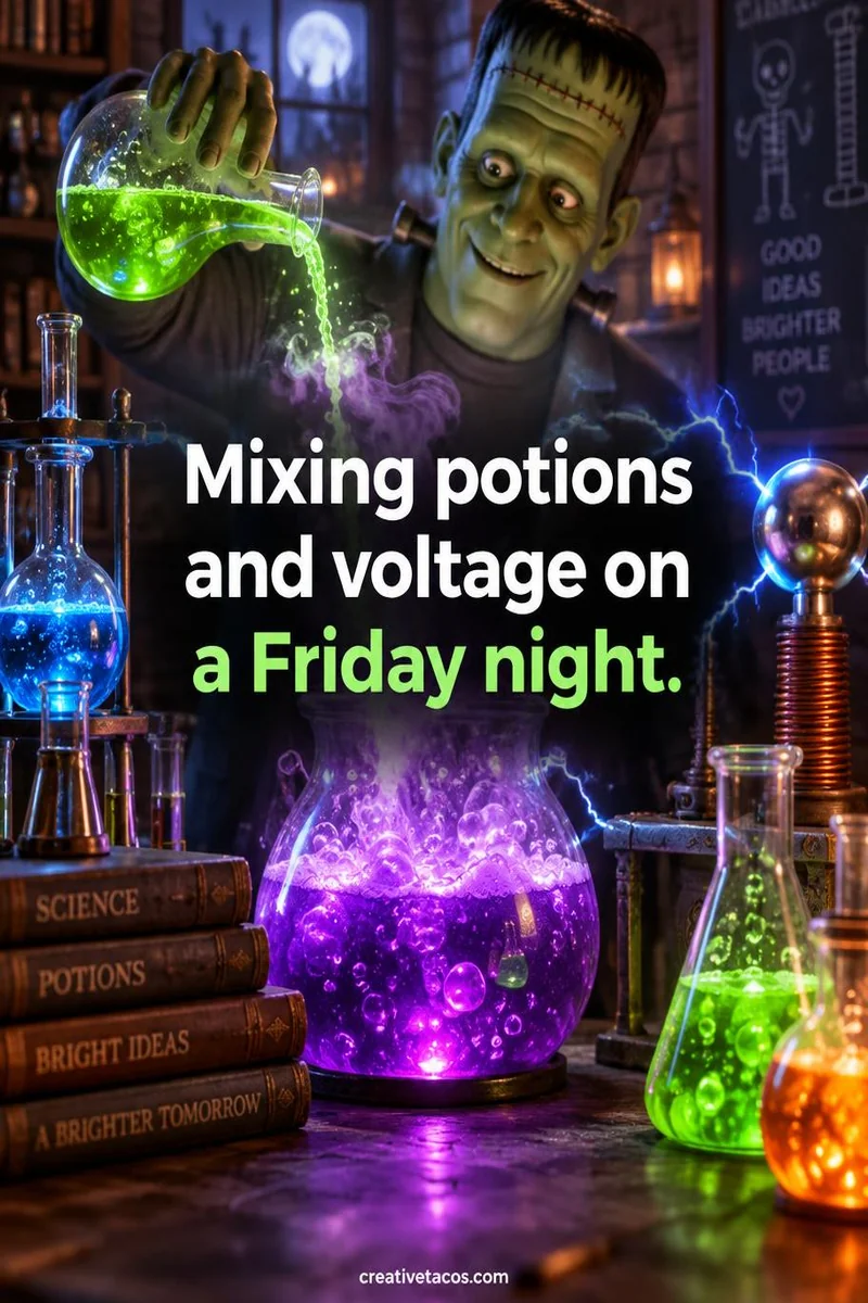 Quote card: Mixing potions and voltage on a Friday night.