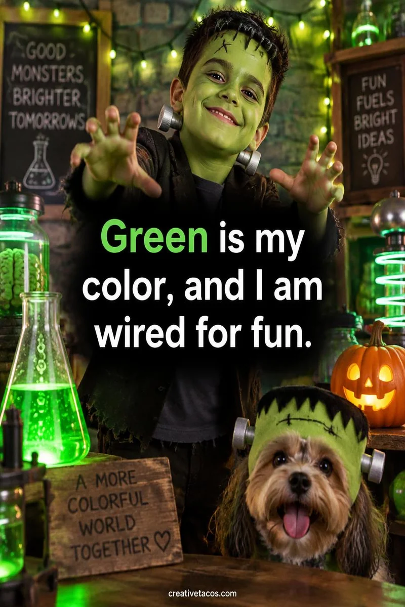 Quote card: Green is my color, and I am wired for fun.