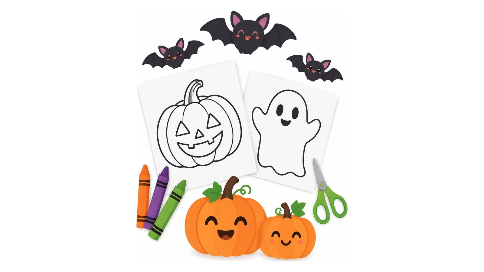Flat illustration of pumpkin and ghost coloring sheets, crayons, scissors, smiling pumpkins, and cute bats on a white background.
