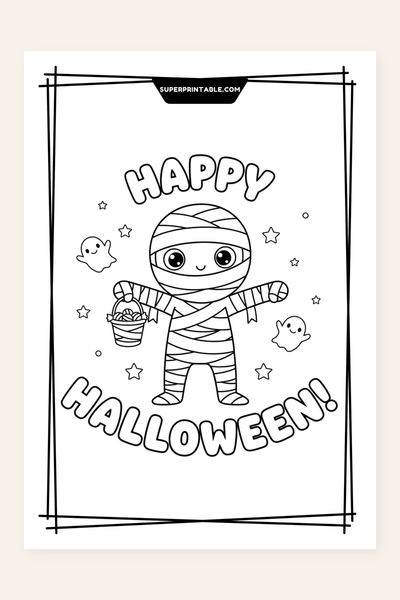 Cute Halloween Coloring Pages for Kids printable preview showing a smiling mummy holding a candy bucket under Happy Halloween lettering