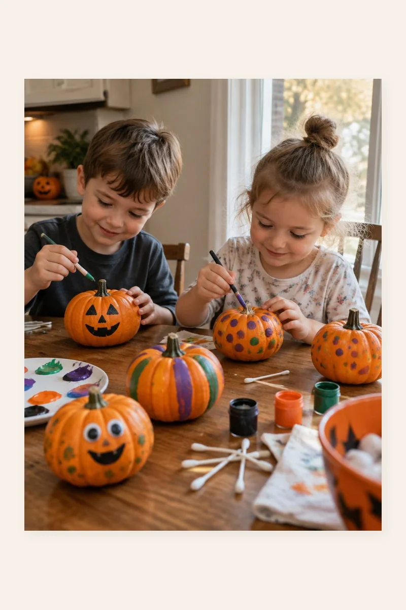 Painted Mini Pumpkins craft with kids decorating small pumpkins with dots, stripes, and silly faces