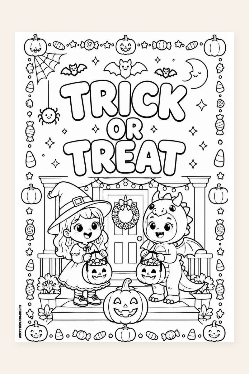 Halloween Quotes Coloring Pages printable preview showing costumed kids on a pumpkin porch under Trick or Treat lettering
