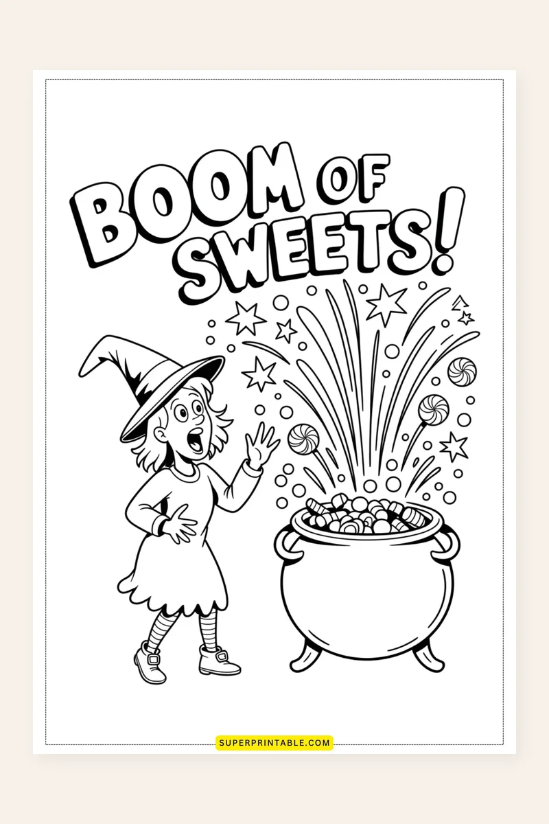Magical Witches and Cauldrons Coloring Pages printable preview showing a little witch beside a cauldron bursting with candy