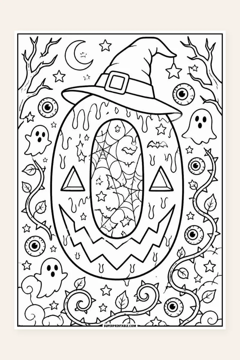 Halloween Numbers Coloring Pages printable preview showing a pumpkin-faced number zero in a witch hat surrounded by ghosts