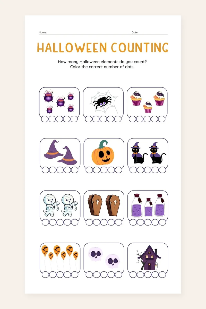 Simple Halloween Counting Activities printable preview of a counting worksheet with pumpkins, black cats, and ghosts