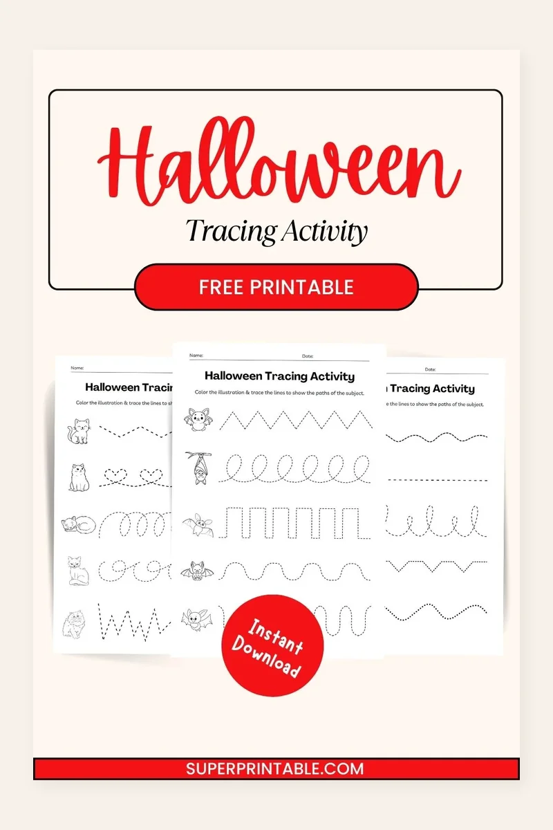 Halloween Tracing Activity printable preview showing tracing worksheets with dotted line patterns