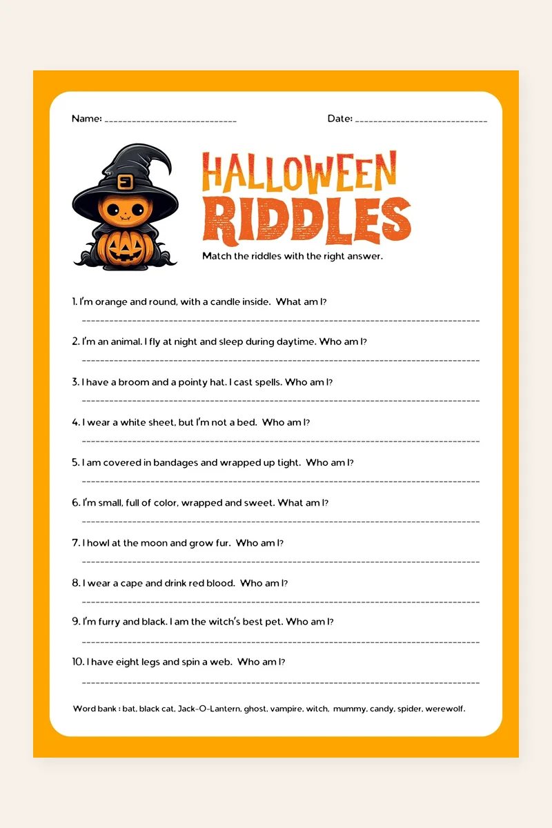 Halloween Riddles Worksheet printable preview with ten riddles, answer lines, and a word bank