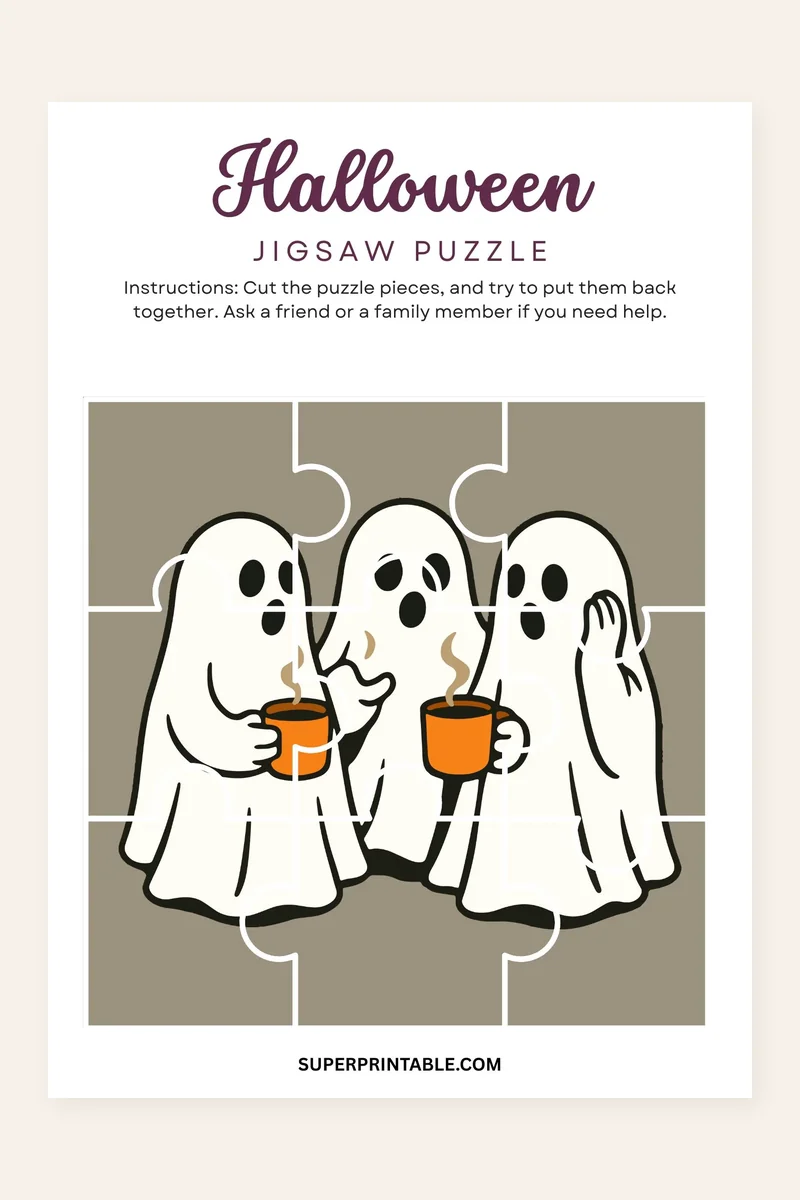 Halloween Jigsaw Puzzle Activity printable preview of a cut-apart puzzle with three ghosts holding mugs