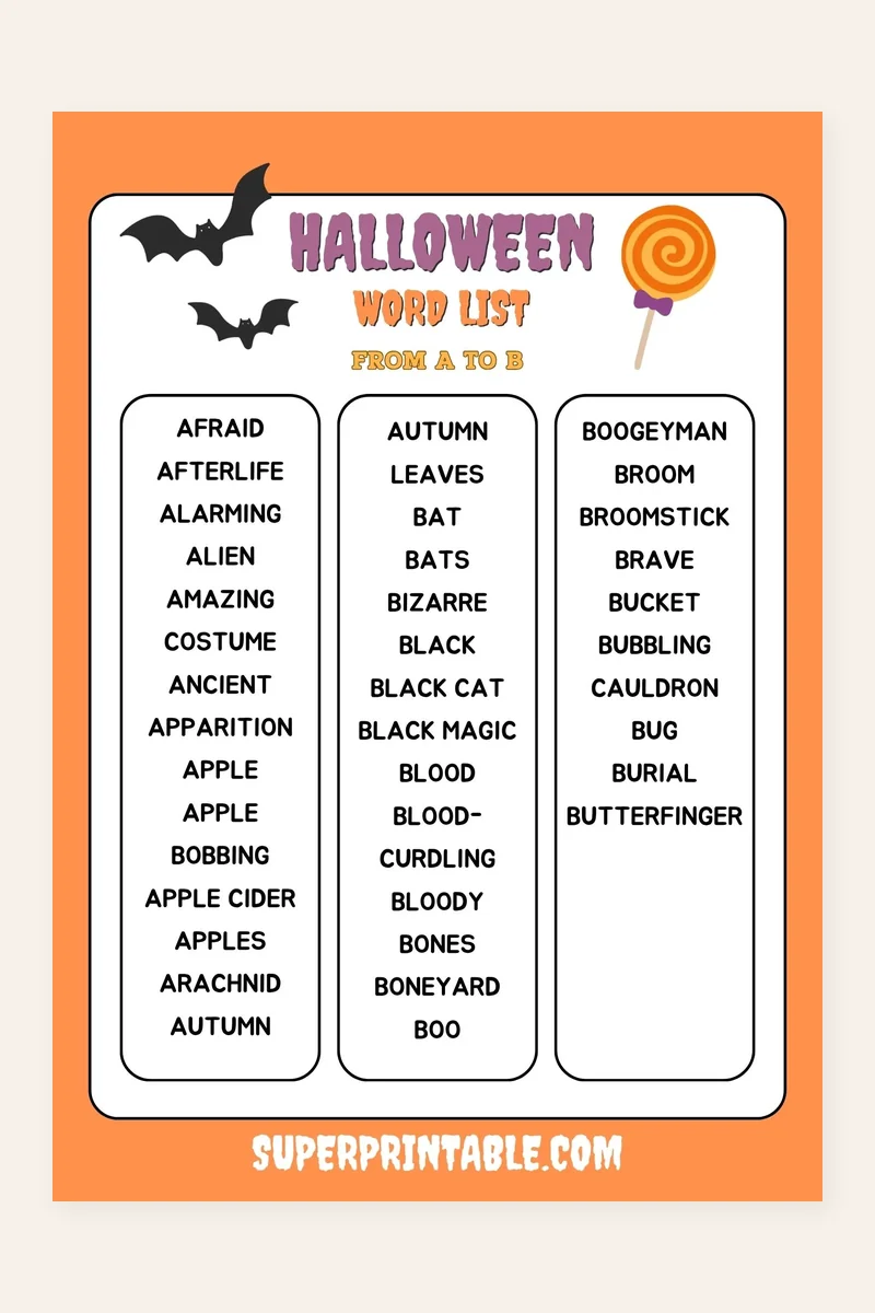 Halloween Words for Kids printable preview showing a Halloween word list from afraid to boo
