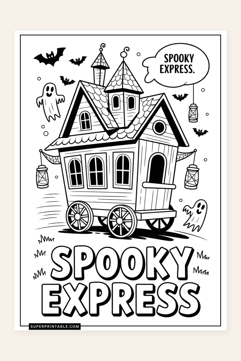 Haunted House Coloring Pages printable preview showing a spooky express train car with ghosts and bats