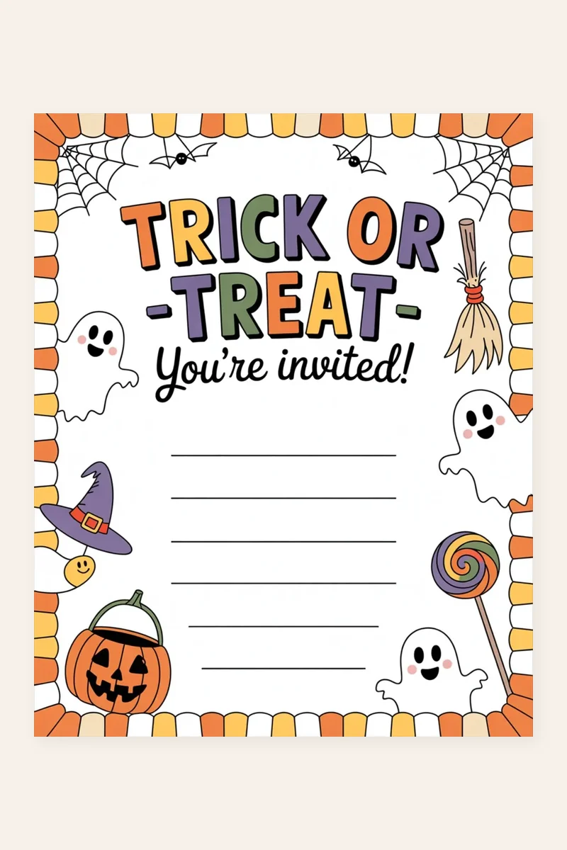 Halloween Social Media Invites printable preview of a Trick or Treat party invite with ghosts and pumpkins