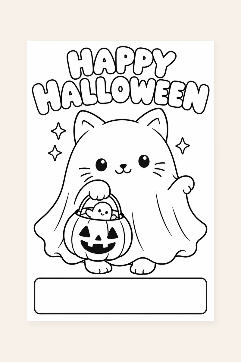 Halloween Name Coloring Pages and Card Maker printable preview of a ghost cat coloring page with a blank name box