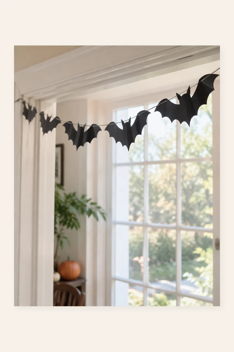 Paper Bat Garland craft with black paper bats hanging across a sunny window