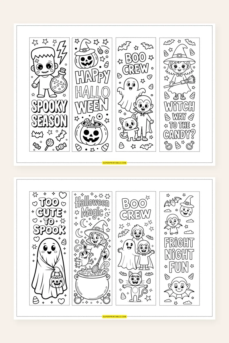 Halloween Coloring Bookmarks printable preview showing two sheets of bookmarks with ghosts, pumpkins, witches, and a cauldron