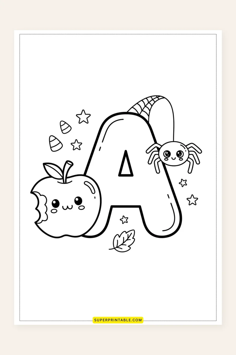 Halloween Alphabet Coloring Pages printable preview showing the letter A with a smiling apple, a spider, and candy corn