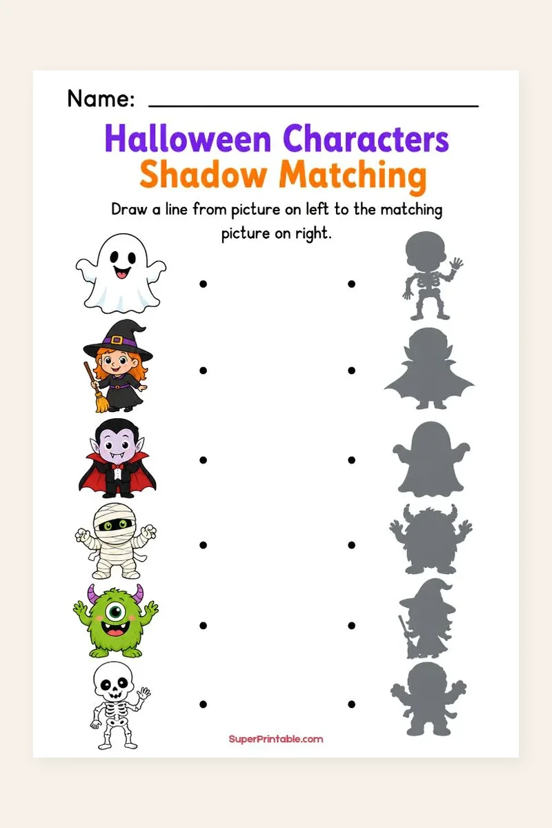 Halloween Shadow Matching Worksheet printable preview with a ghost, witch, vampire, mummy, monster, and skeleton beside their shadows