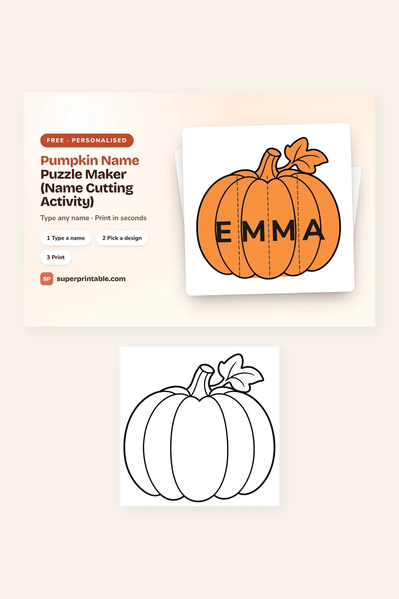 Pumpkin Name Puzzle Maker printable preview showing an orange pumpkin split into letter strips that spell a name