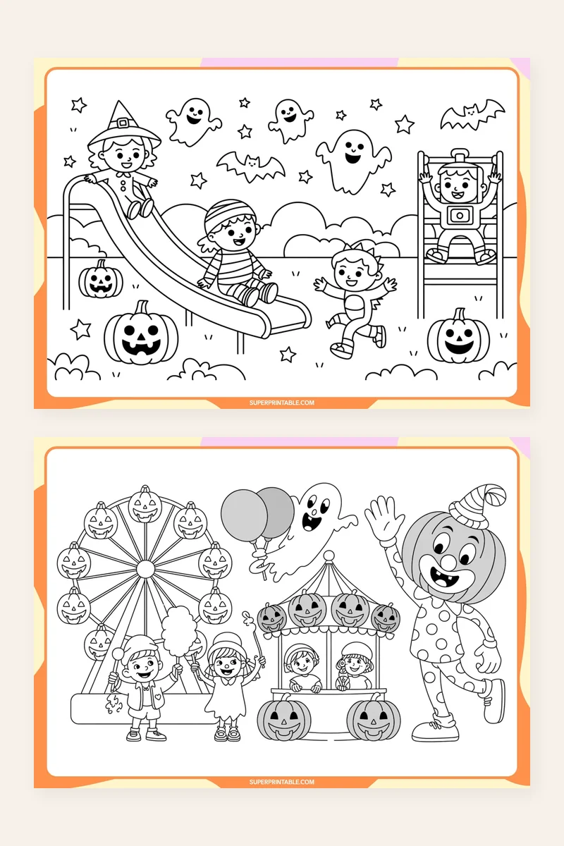Halloween Party Coloring Pack printable preview showing kids on a playground with pumpkins and a Halloween fair with a Ferris wheel