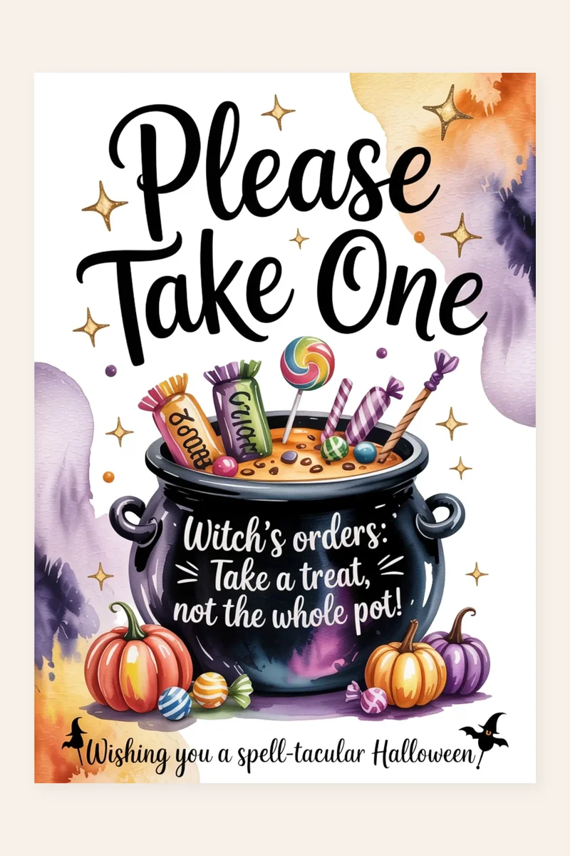 Please Take One Halloween Sign printable preview with a cauldron full of candy and pumpkins