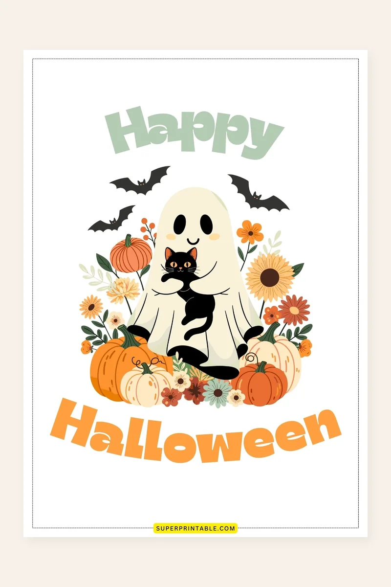 Halloween Printable Cards printable preview of a Happy Halloween card with a ghost holding a black cat among pumpkins and bats