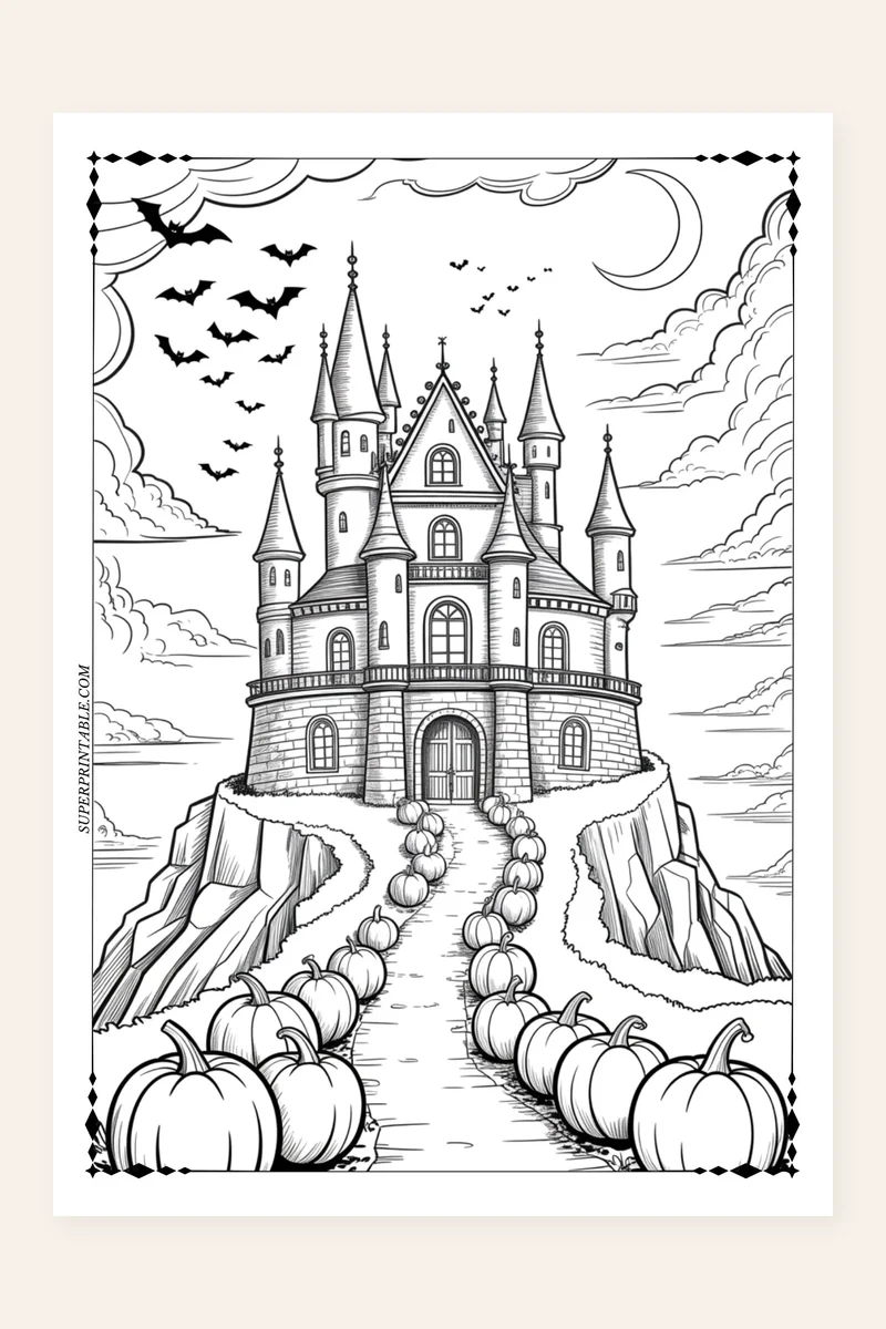 Halloween Coloring Pages printable preview showing a castle on a hill with bats and a pumpkin-lined path