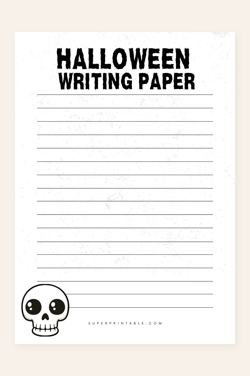 Halloween Writing Paper printable preview with lined rows and a cartoon skull in the corner