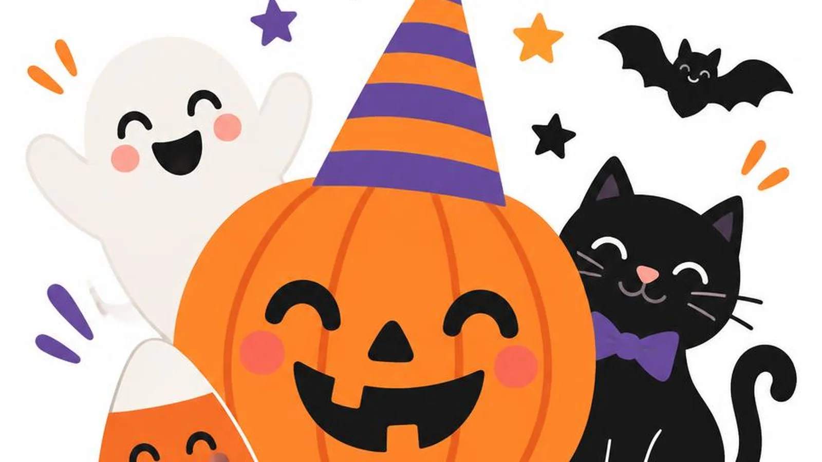 Clean illustration of a friendly pumpkin, candy, and party icons on a white background for fun Halloween quotes.