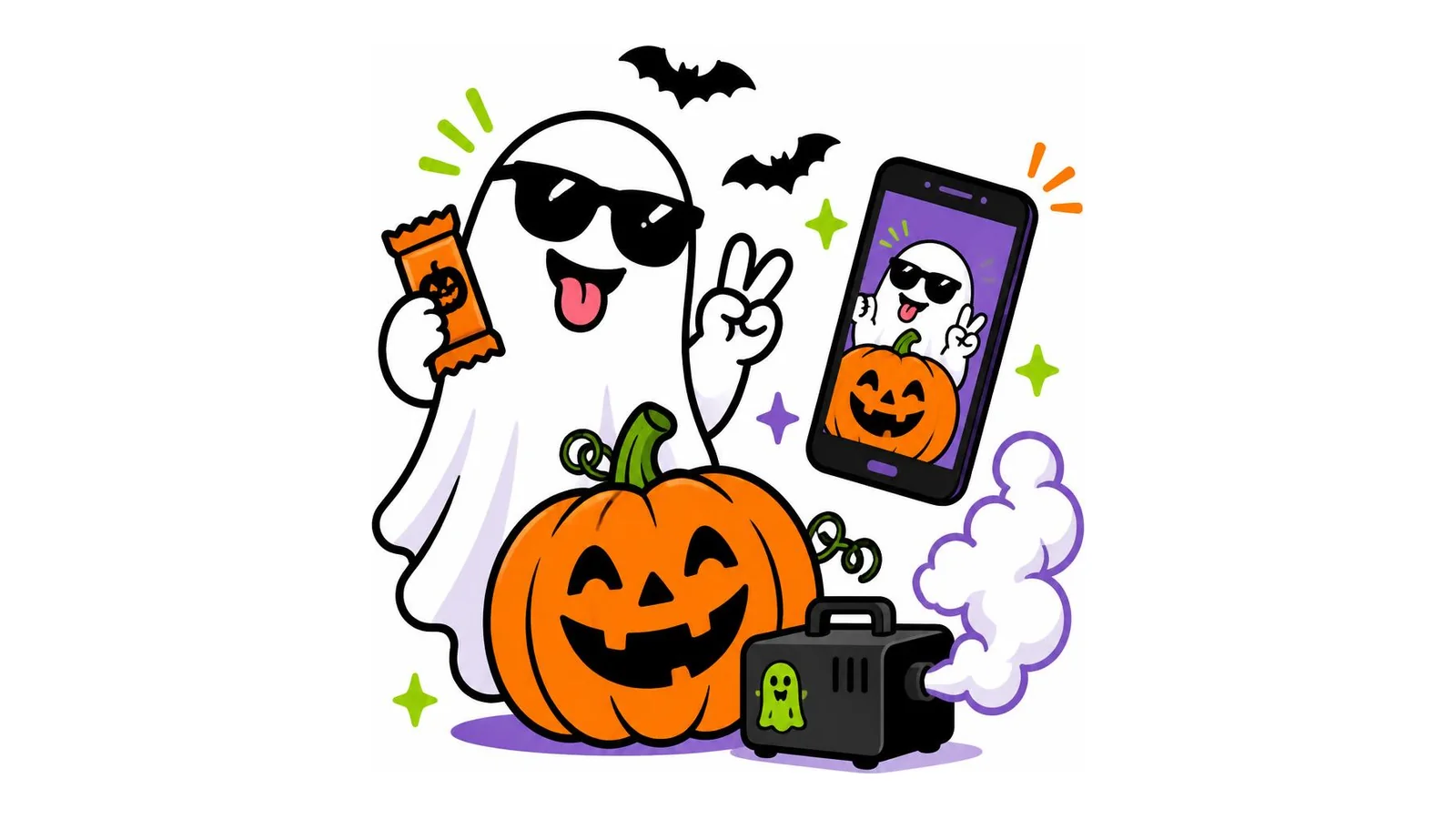 Clean illustration of a goofy ghost with a candy bar, a jack-o-lantern, and a phone on a white background for funny Halloween captions.