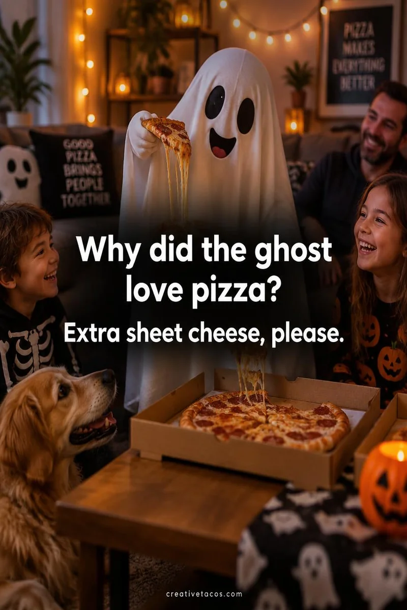 Quote card: Why did the ghost love pizza? Extra sheet cheese, please.