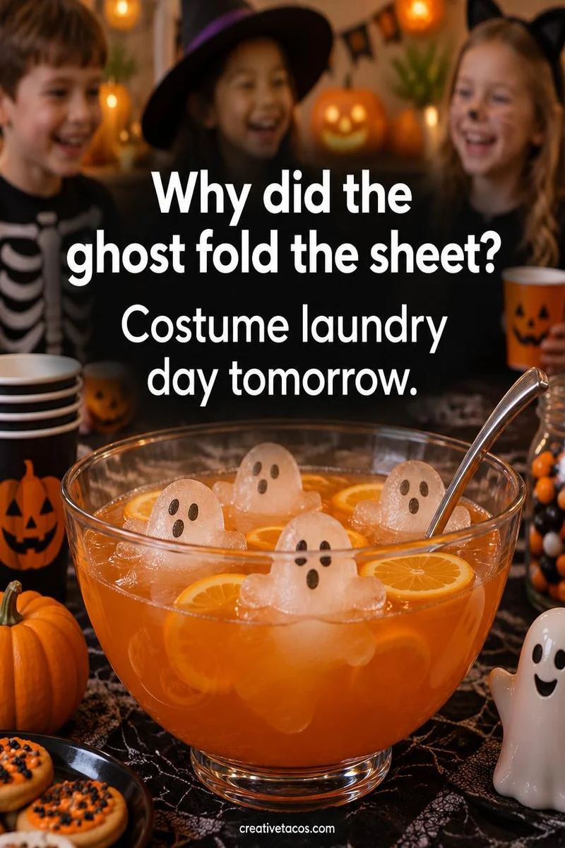 Quote card: Why did the ghost fold the sheet? Costume laundry day tomorrow.