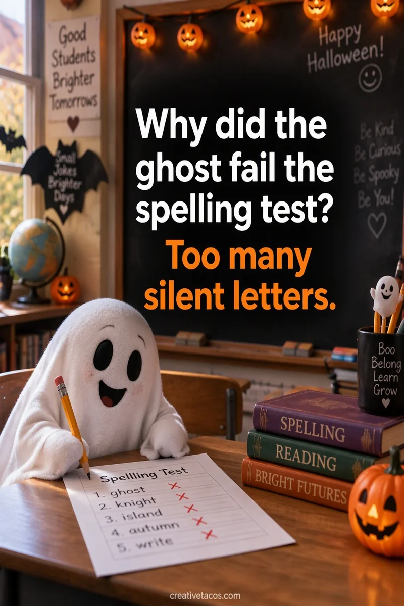 Quote card: Why did the ghost fail the spelling test? Too many silent letters.