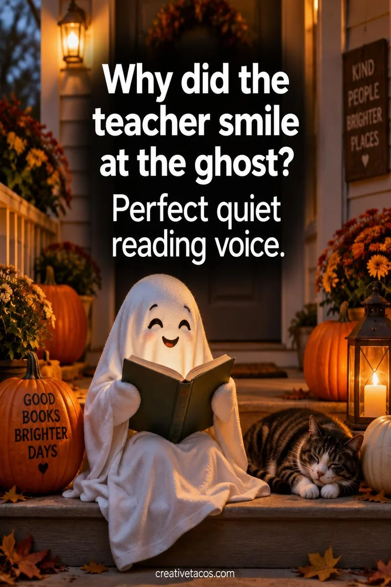 Quote card: Why did the teacher smile at the ghost? Perfect quiet reading voice.