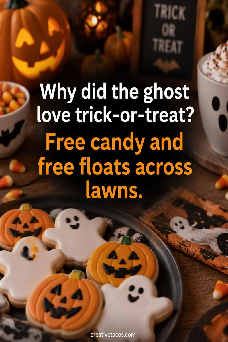 Quote card: Why did the ghost love trick-or-treat? Free candy and free floats across lawns.