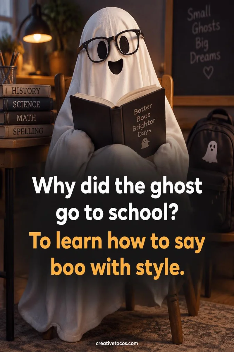 Quote card: Why did the ghost go to school? To learn how to say boo with style.