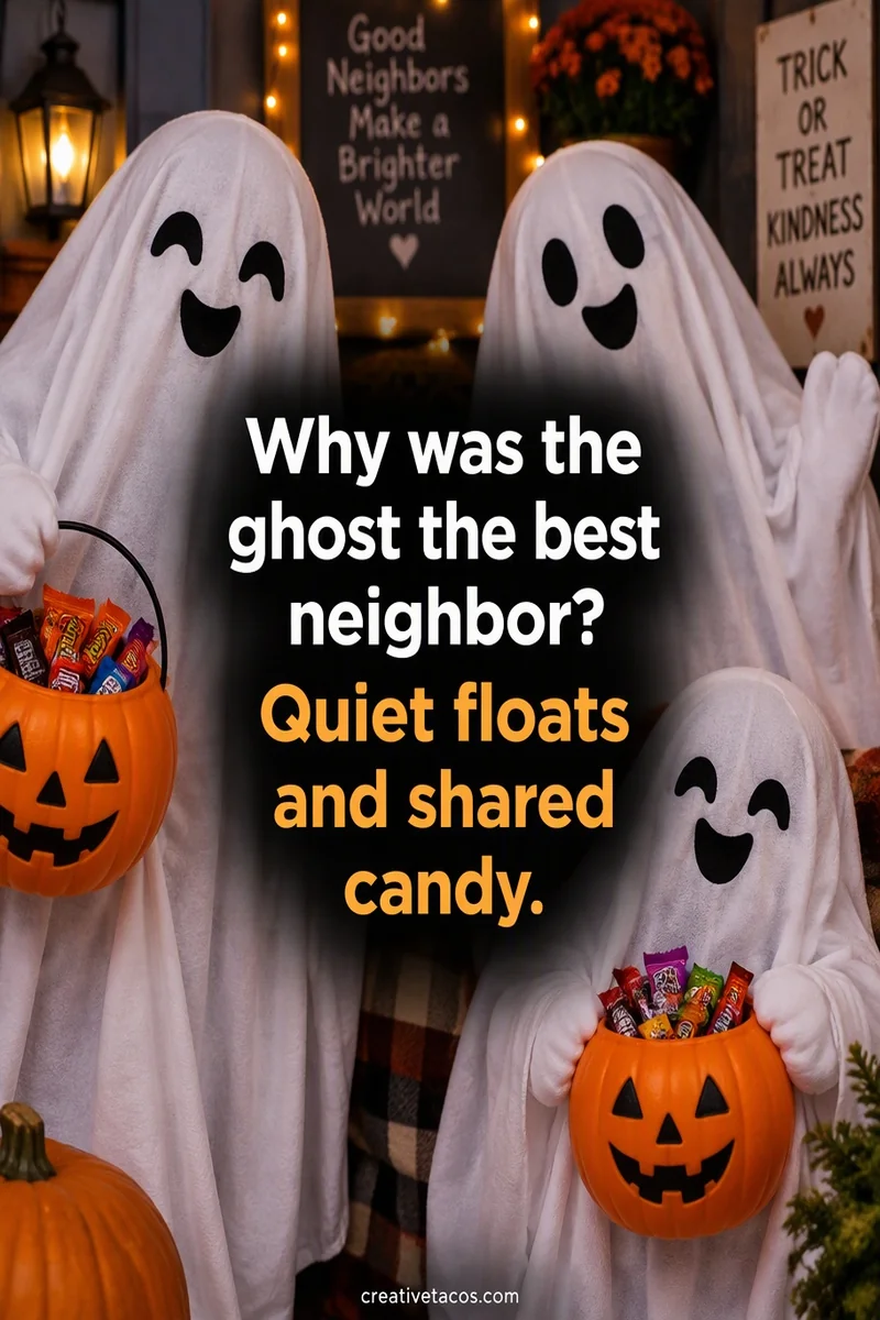 Quote card: Why was the ghost the best neighbor? Quiet floats and shared candy.