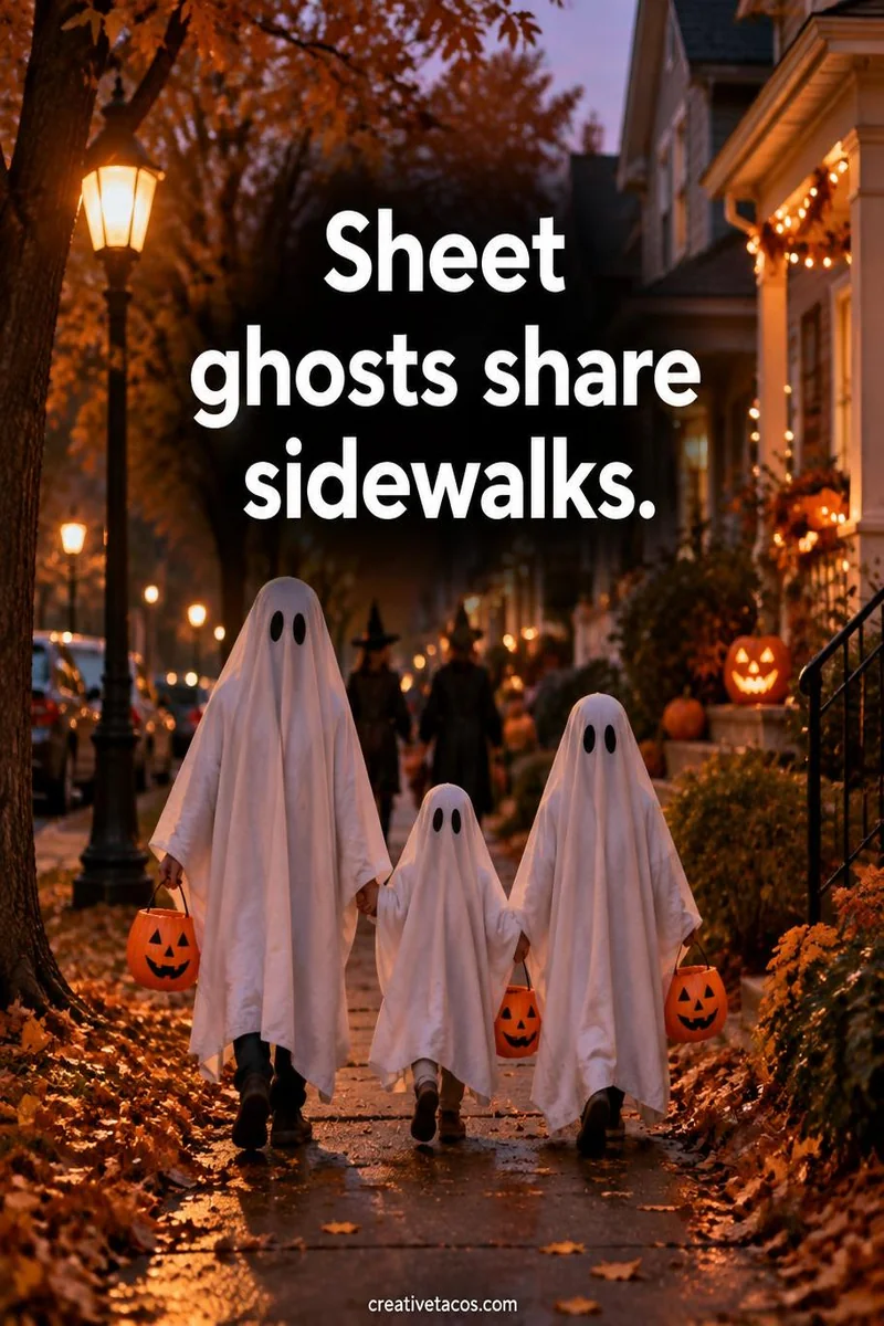 Quote card: Sheet ghosts share sidewalks.