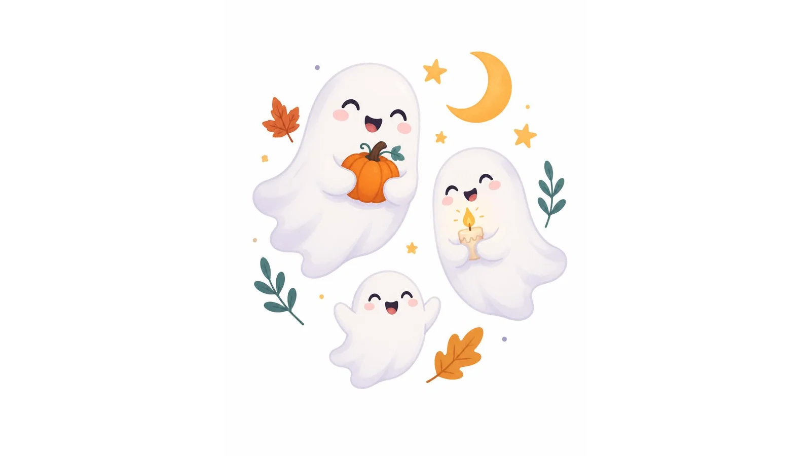Illustration of three cute smiling ghosts with a pumpkin, a candle, stars, and a moon on a white background for ghost quotes.