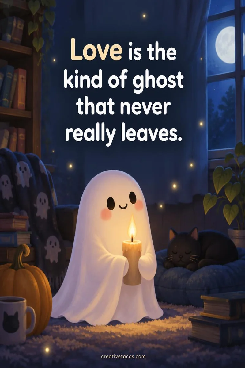 Quote card: Love is the kind of ghost that never really leaves.