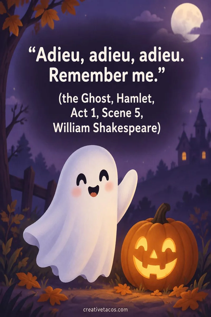 Quote card: “Adieu, adieu, adieu. Remember me.” (the Ghost, Hamlet, Act 1, Scene 5, William Shakespeare)