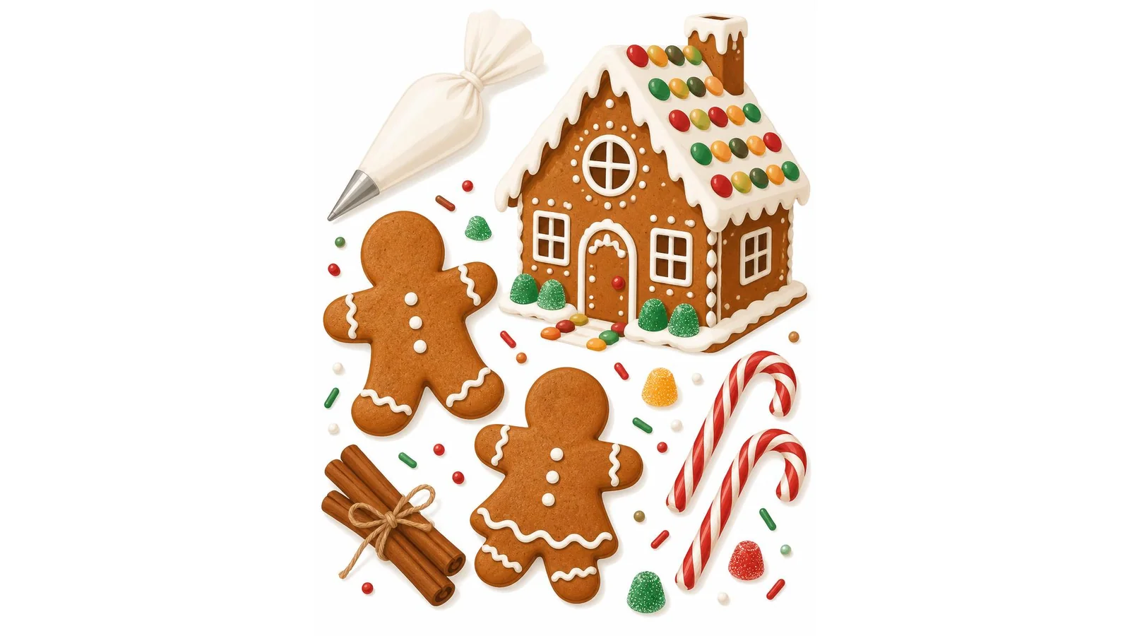 Illustration of gingerbread cookies, a candy-trimmed gingerbread house, a piping bag, and candy canes on a white background for gingerbread puns.