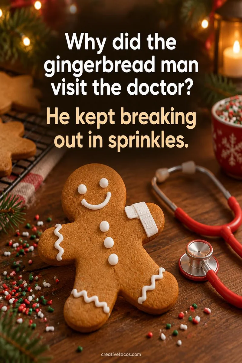 Quote card: Why did the gingerbread man visit the doctor? He kept breaking out in sprinkles.