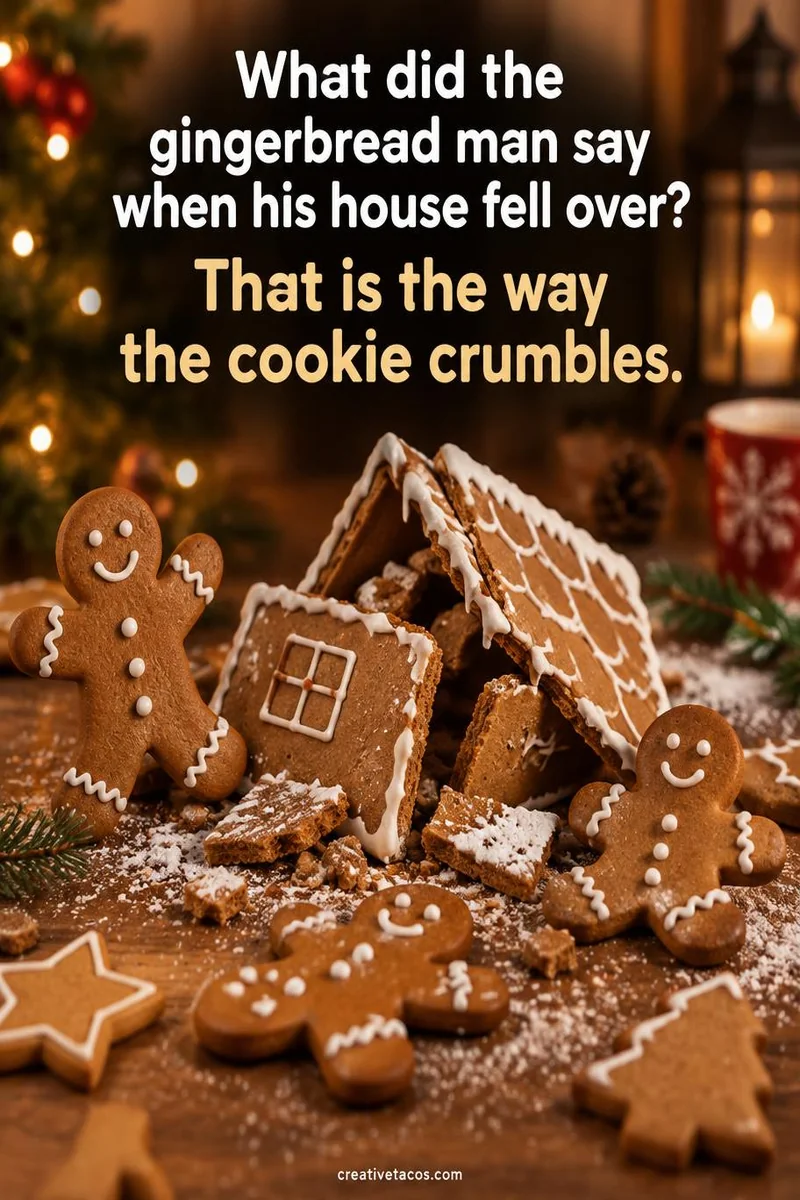 Quote card: What did the gingerbread man say when his house fell over? That is the way the cookie crumbles.