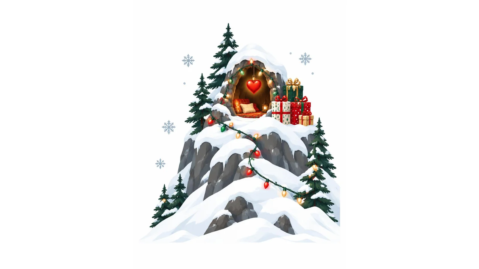 Illustration of a snowy mountain cave, tangled Christmas lights, wrapped gifts, and a glowing red heart ornament on a white background for Grinch quotes.