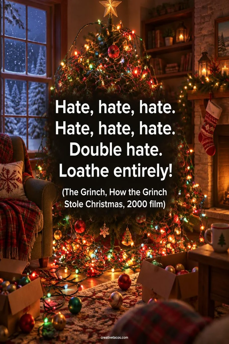 Quote card: “Hate, hate, hate. Hate, hate, hate. Double hate. Loathe entirely!” (The Grinch, How the Grinch Stole Christmas, 2000 film)