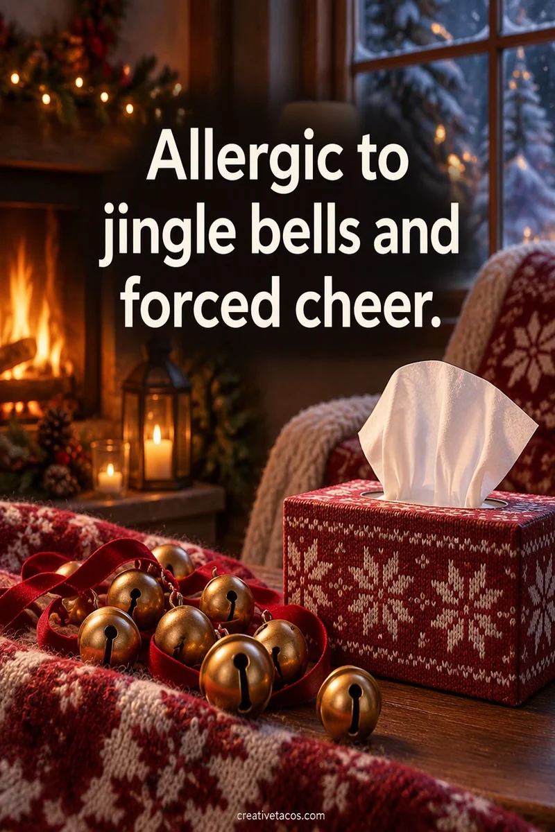 Quote card: Allergic to jingle bells and forced cheer.
